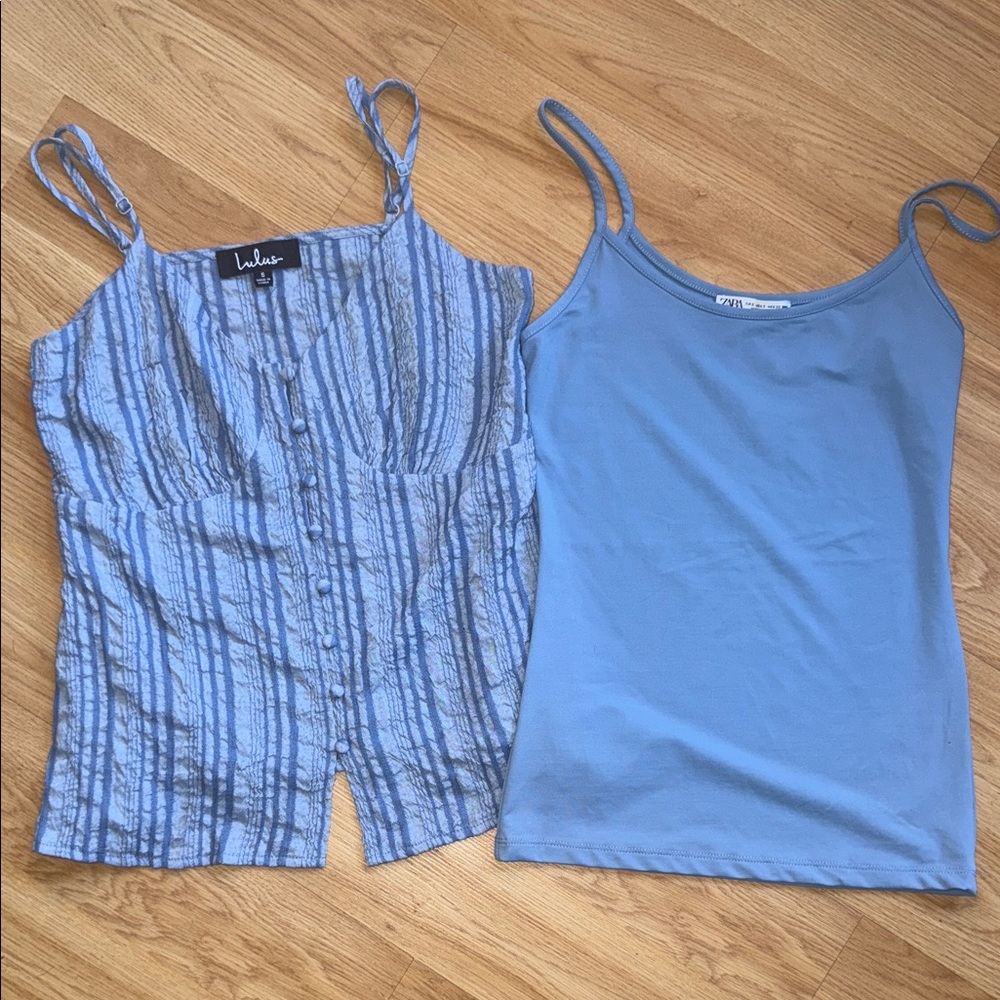 Lulu's and Zara Blue Striped and Solid Tank Top Set Size Small